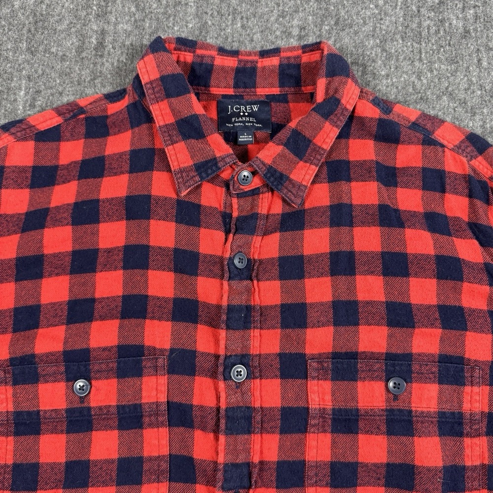 J.Crew Mens L Flannel Shirt Red Navy Buffalo Plaid Long Sleeve Button Up